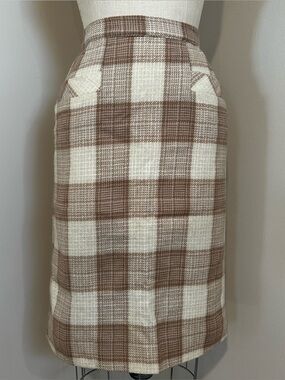 VTG 60s Wool Beige Plaid Pencil Skirt Sz 4